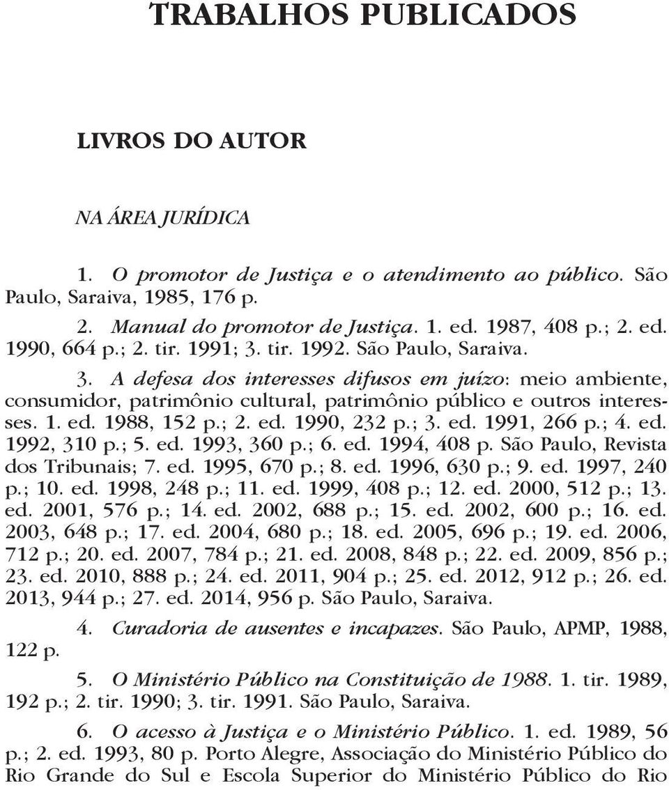 1. ed. 1988, 152 p.; 2. ed. 1990, 232 p.; 3. ed. 1991, 266 p.; 4. ed. 1992, 310 p.; 5. ed. 1993, 360 p.; 6. ed. 1994, 408 p. São Paulo, Revista dos Tribunais; 7. ed. 1995, 670 p.; 8. ed. 1996, 630 p.