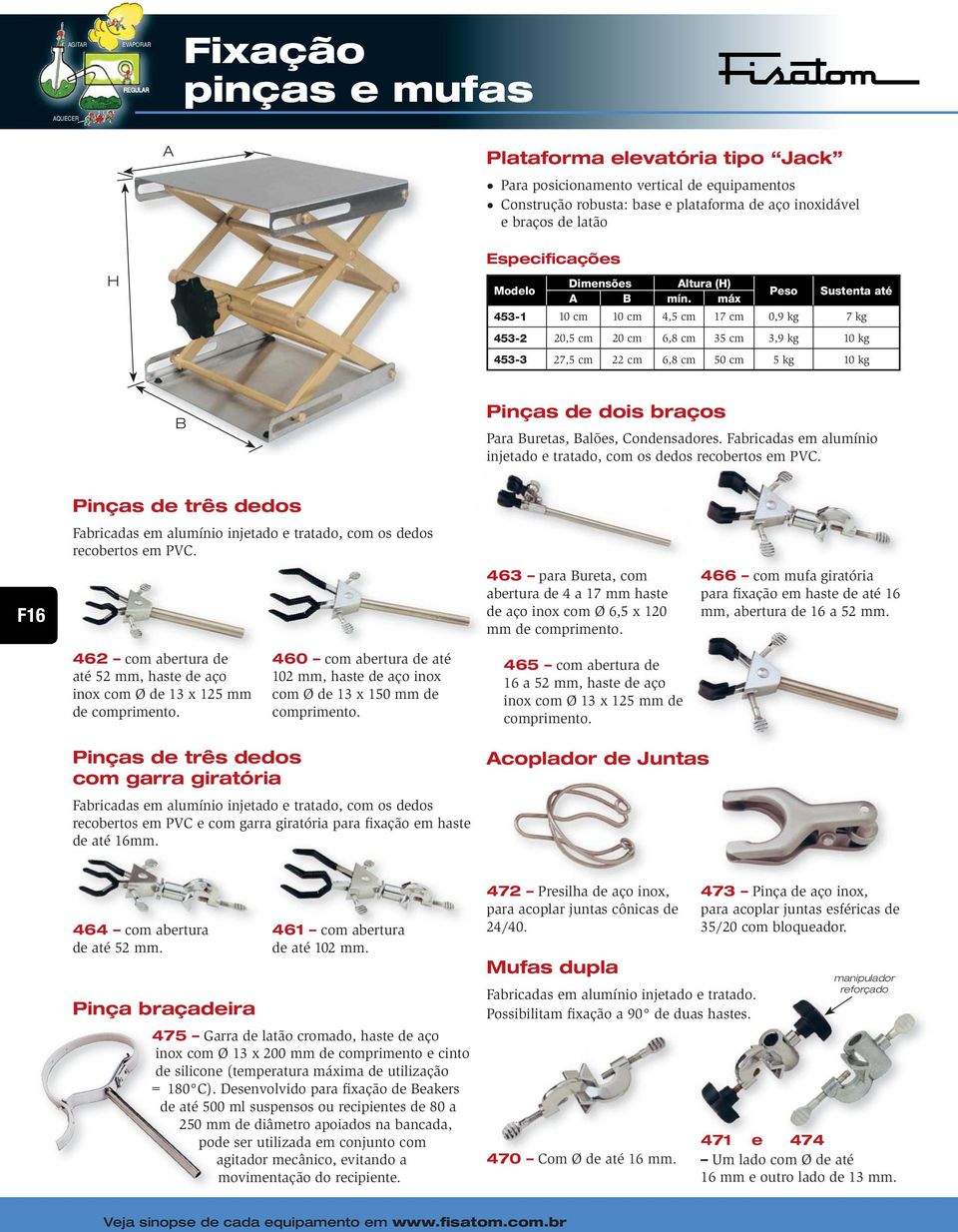 máx Peso Sustenta até 453-1 10 cm 10 cm 4,5 cm 17 cm 0,9 kg 7 kg 453-2 20,5 cm 20 cm 6,8 cm 35 cm 3,9 kg 10 kg 453-3 27,5 cm 22 cm 6,8 cm 50 cm 5 kg 10 kg B Pinças de dois braços Para Buretas,