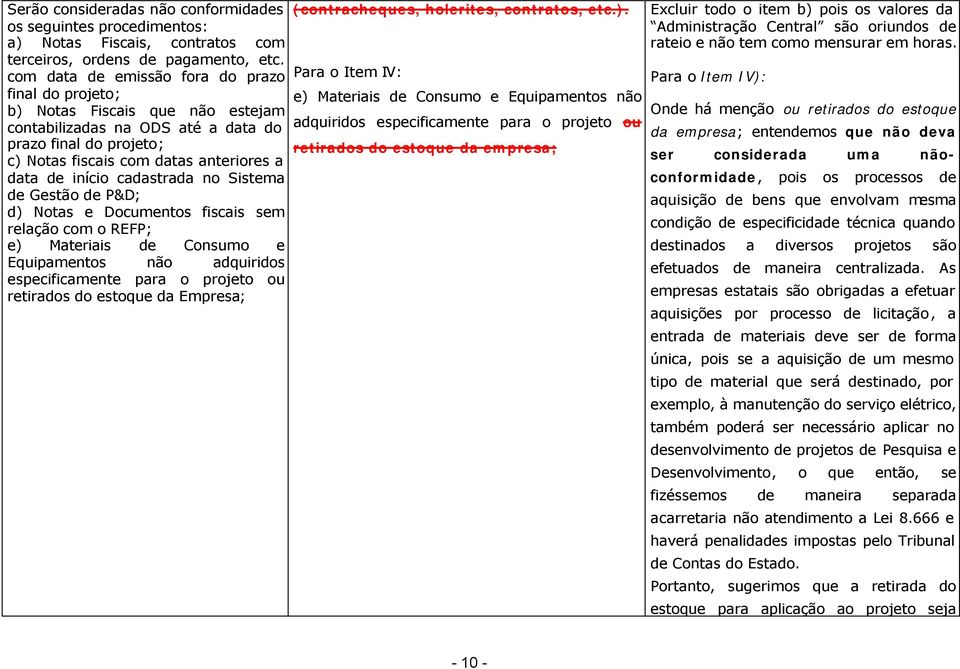 cadastrada no Sistema de Gestão de P&D; d) Notas e Documentos fiscais sem relação com o REFP; e) Materiais de Consumo e Equipamentos não adquiridos especificamente para o projeto ou retirados do