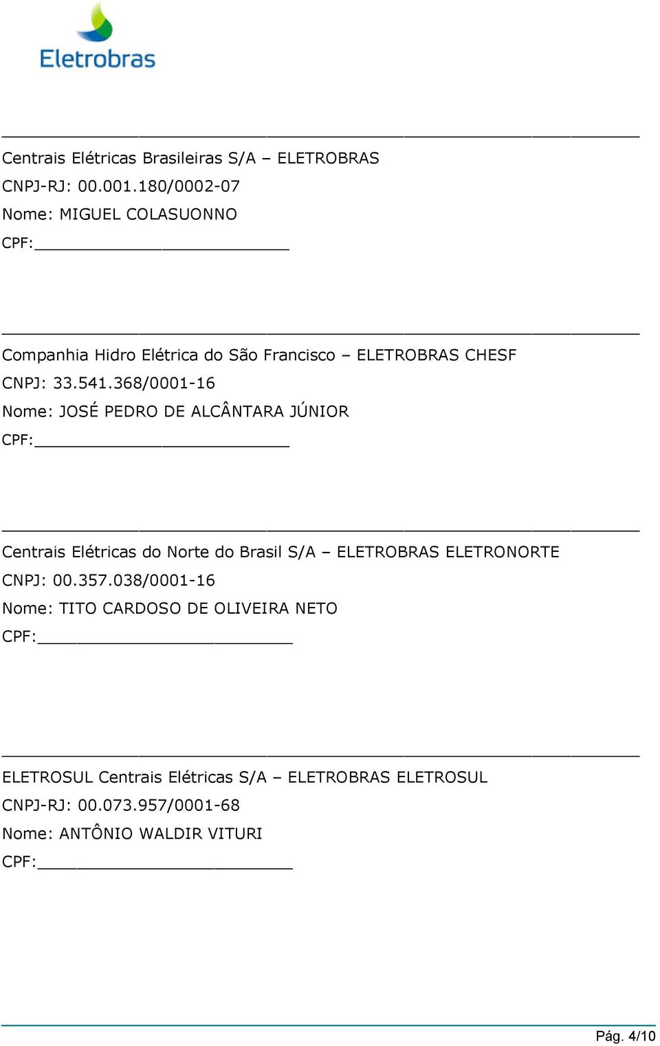 368/0001-16 Nome: JOSÉ PEDRO DE ALCÂNTARA JÚNIOR Centrais Elétricas do Norte do Brasil S/A ELETROBRAS