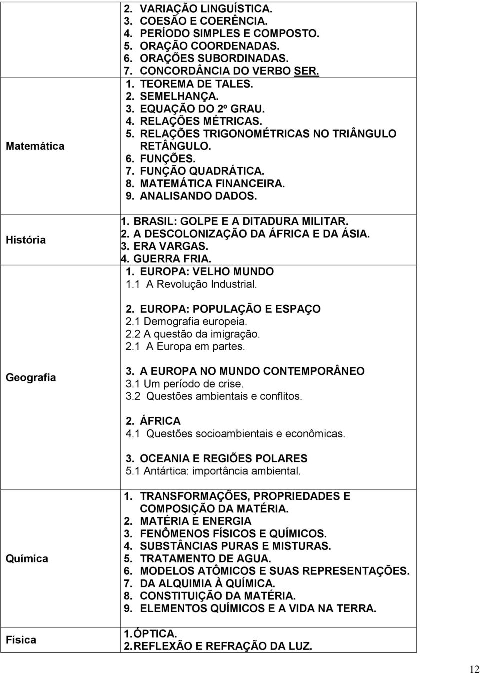 BRASIL: GOLPE E A DITADURA MILITAR. 2. A DESCOLONIZAÇÃO DA ÁFRICA E DA ÁSIA. 3. ERA VARGAS. 4. GUERRA FRIA. 1. EUROPA: VELHO MUNDO 1.1 A Revolução Industrial. 2. EUROPA: POPULAÇÃO E ESPAÇO 2.