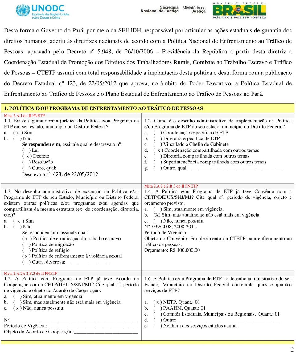 948, de 26/10/2006 Presidência da República a partir desta diretriz a Coordenação Estadual de Promoção dos Direitos dos Trabalhadores Rurais, Combate ao Trabalho Escravo e Tráfico de Pessoas CTETP