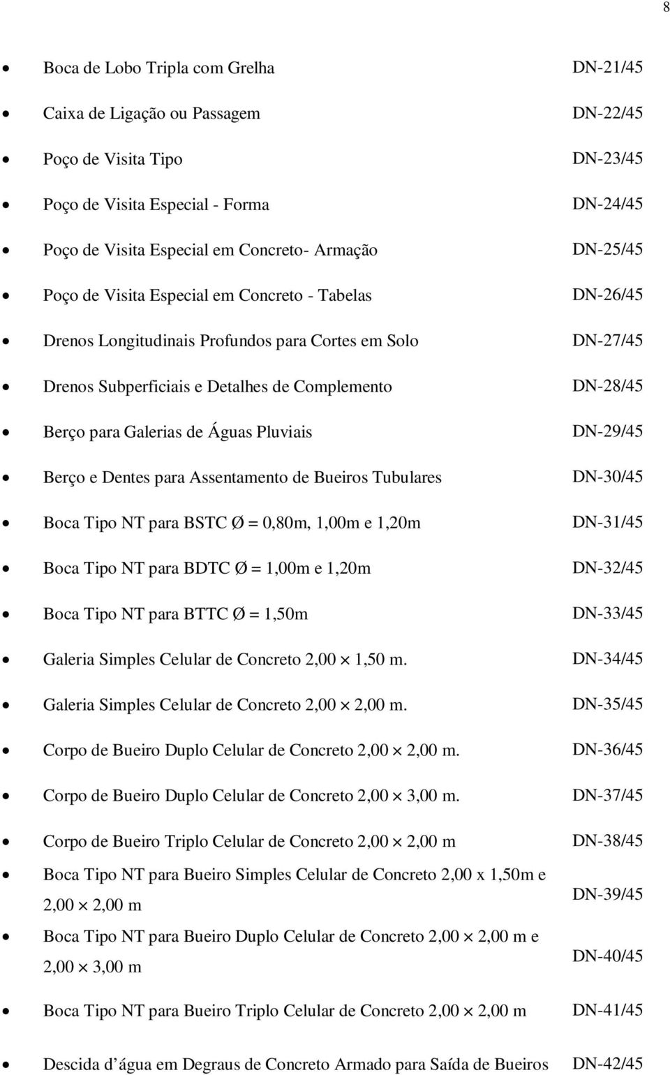 de Águas Pluviais DN-29/45 Berço e Dentes para Assentamento de Bueiros Tubulares DN-30/45 Boca Tipo NT para BSTC Ø = 0,80m, 1,00m e 1,20m DN-31/45 Boca Tipo NT para BDTC Ø = 1,00m e 1,20m DN-32/45