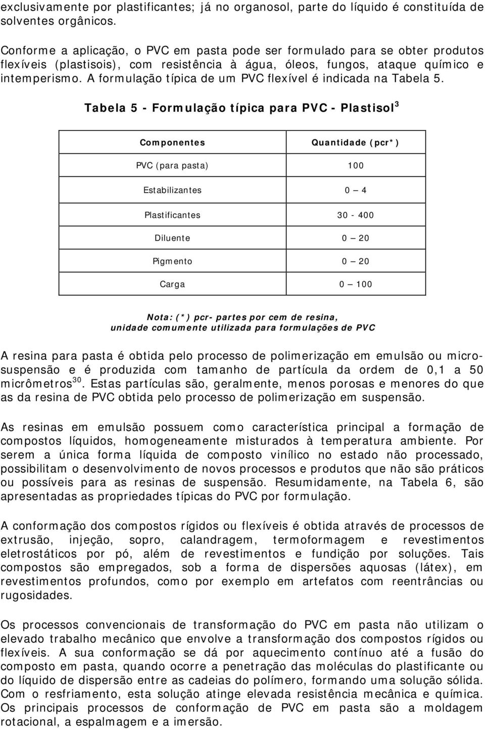 A formulação típica de um PVC flexível é indicada na Tabela 5.