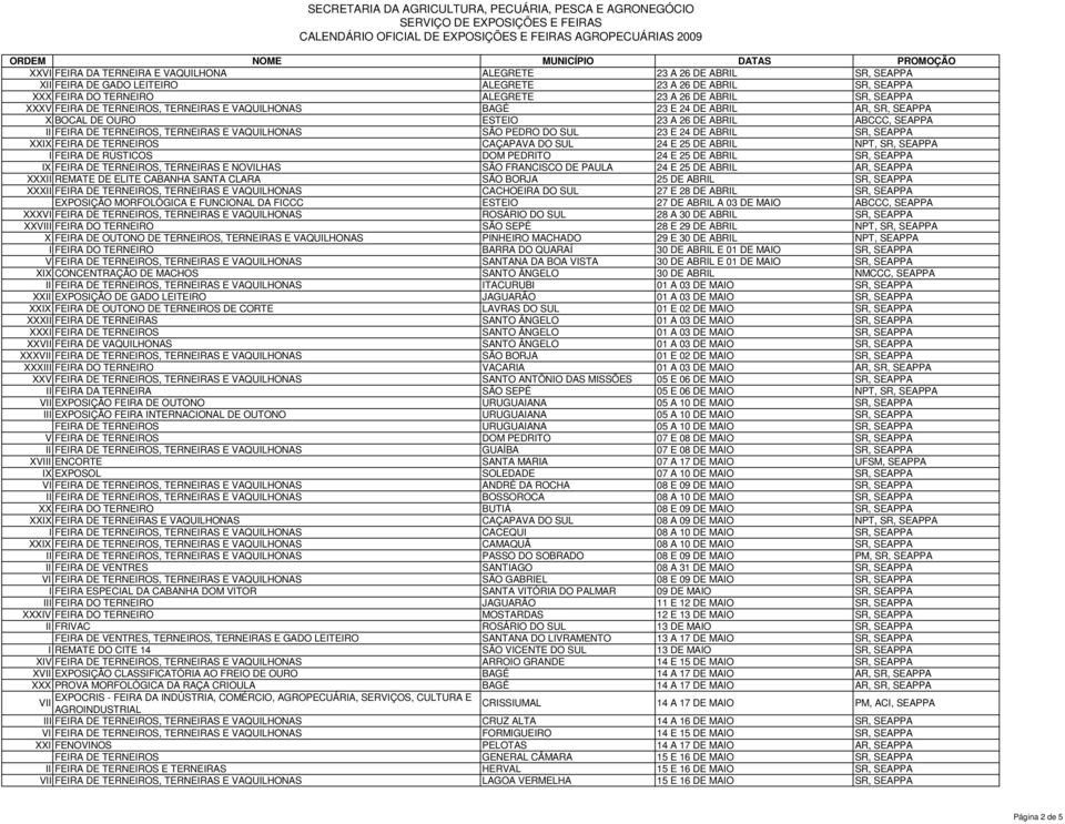 SUL 23 E 24 DE ABRIL SR, SEAPPA XXIX FEIRA DE TERNEIROS CAÇAPAVA DO SUL 24 E 25 DE ABRIL NPT, SR, SEAPPA I FEIRA DE RÚSTICOS DOM PEDRITO 24 E 25 DE ABRIL SR, SEAPPA IX FEIRA DE TERNEIROS, TERNEIRAS E