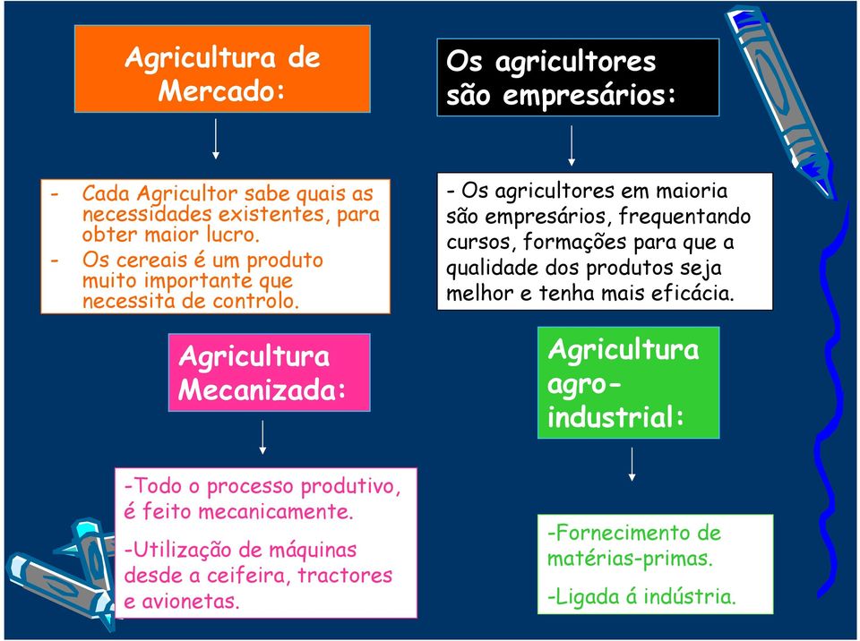 Agricultura Mecanizada: - Os agricultores em maioria são empresários, frequentando cursos, formações para que a qualidade dos produtos seja