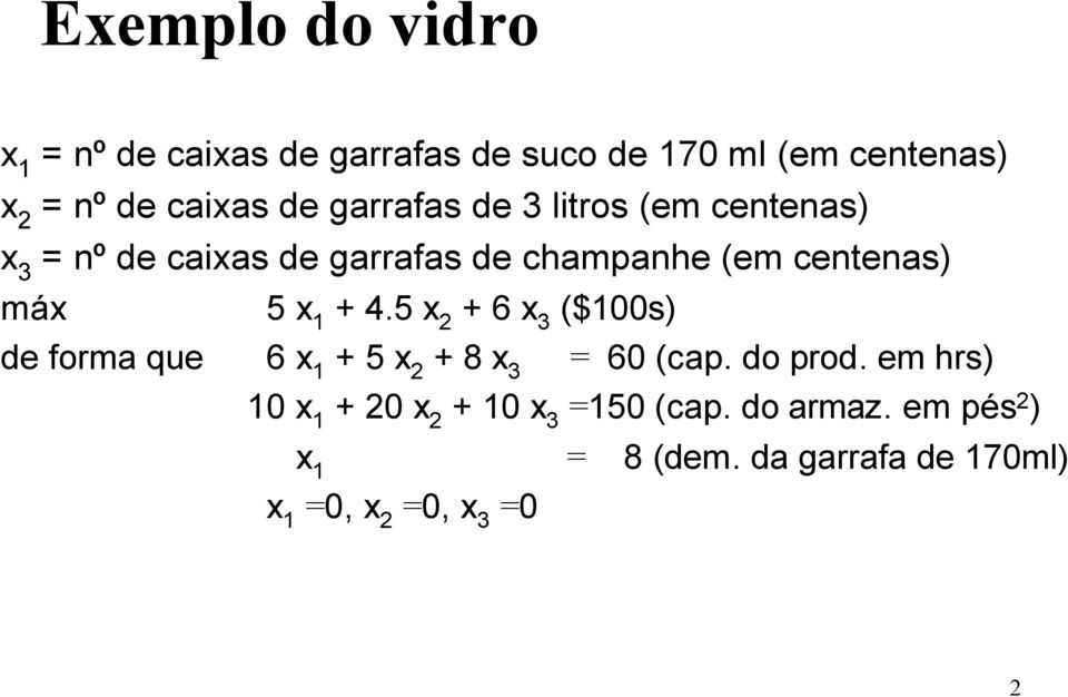 máx 5 + 4.5 x 2 + 6 x 3 ($100s) de forma que 6 + 5 x 2 + 8 x 3 = 60 (cap. do prod.