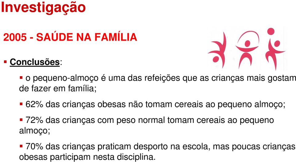 pequeno almoço; 72% das crianças com peso normal tomam cereais ao pequeno almoço; 70% das