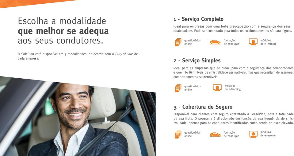 questionários online formação de condução módulos de e-learning O SafePlan está disponível em 3 modalidades, de acordo com o Duty of Care de cada empresa.