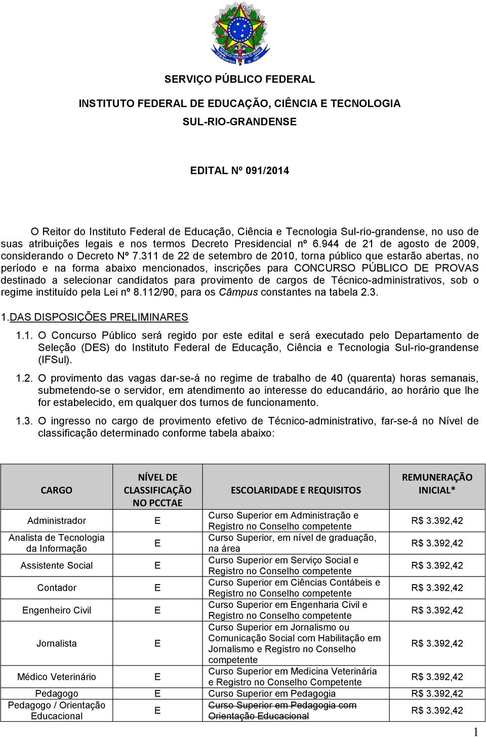 311 de 22 de setembro de 2010, torna público que estarão abertas, no período e na forma abaixo mencionados, inscrições para CONCURSO PÚBLICO DE PROVAS destinado a selecionar candidatos para