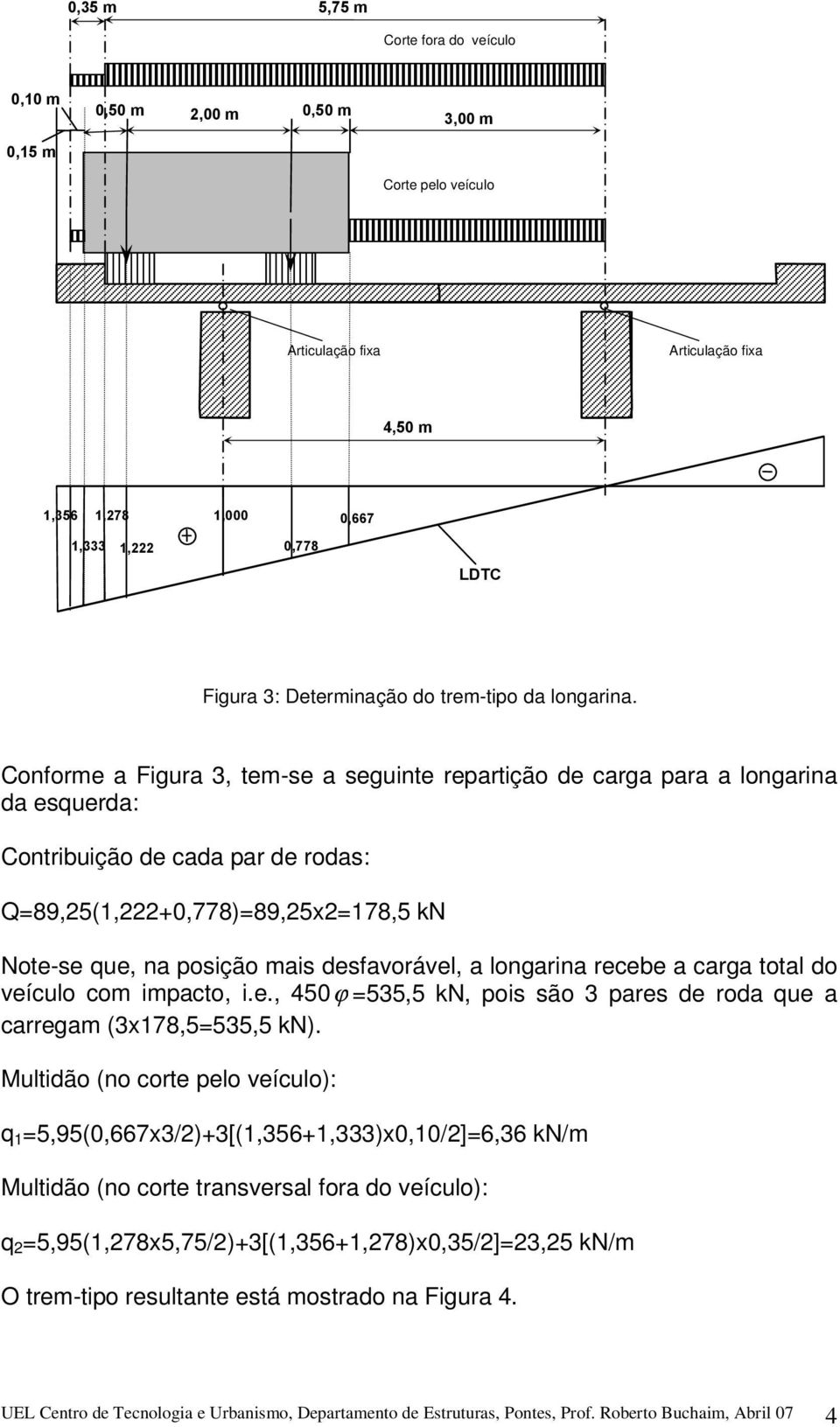 longarina recebe a carga total do veículo com impacto, i.e., 450ϕ =55,5 kn, pois são pares de roda que a carregam (x178,5=55,5 kn).