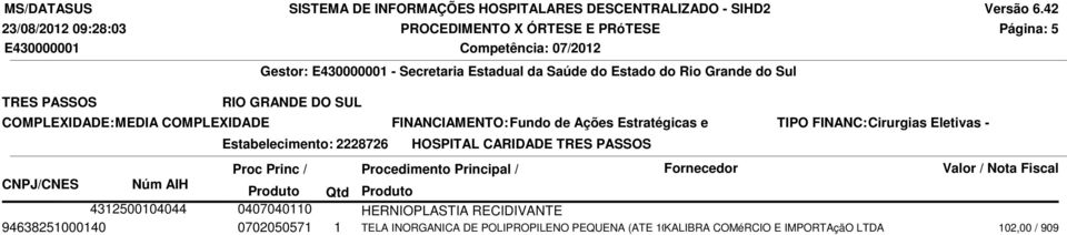 CARIDADE TRES PASSOS 4312500104044 0407040110 HERNIOPLASTIA RECIDIVANTE 94638251000140