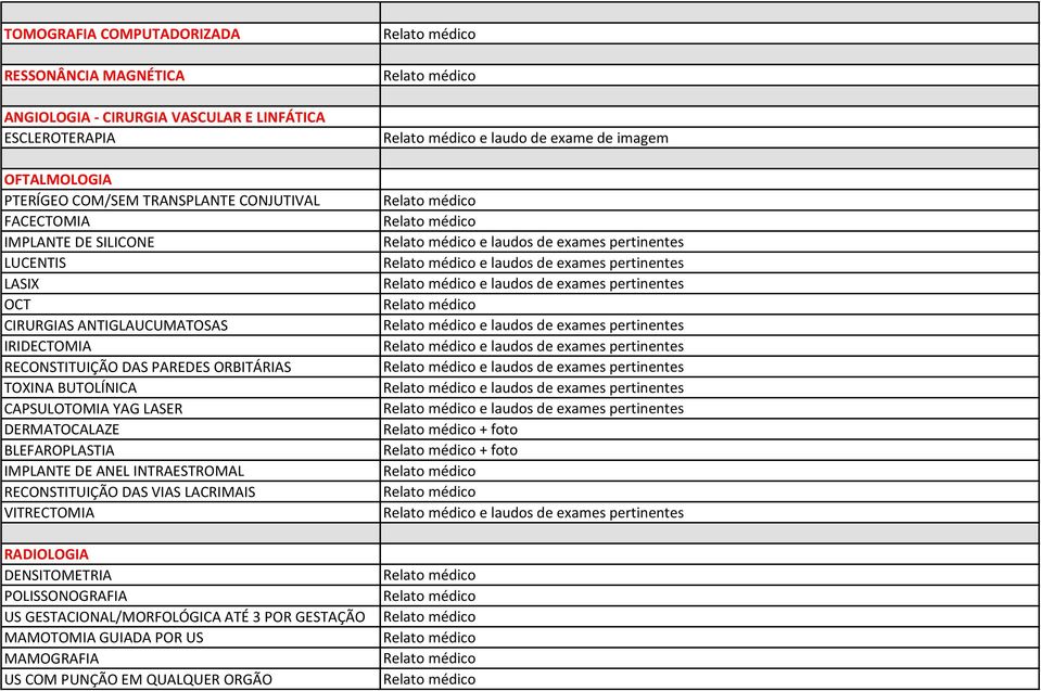 RECONSTITUIÇÃO DAS VIAS LACRIMAIS VITRECTOMIA RADIOLOGIA DENSITOMETRIA POLISSONOGRAFIA US GESTACIONAL/MORFOLÓGICA ATÉ 3 POR GESTAÇÃO MAMOTOMIA GUIADA POR US MAMOGRAFIA US COM PUNÇÃO EM QUALQUER ORGÃO