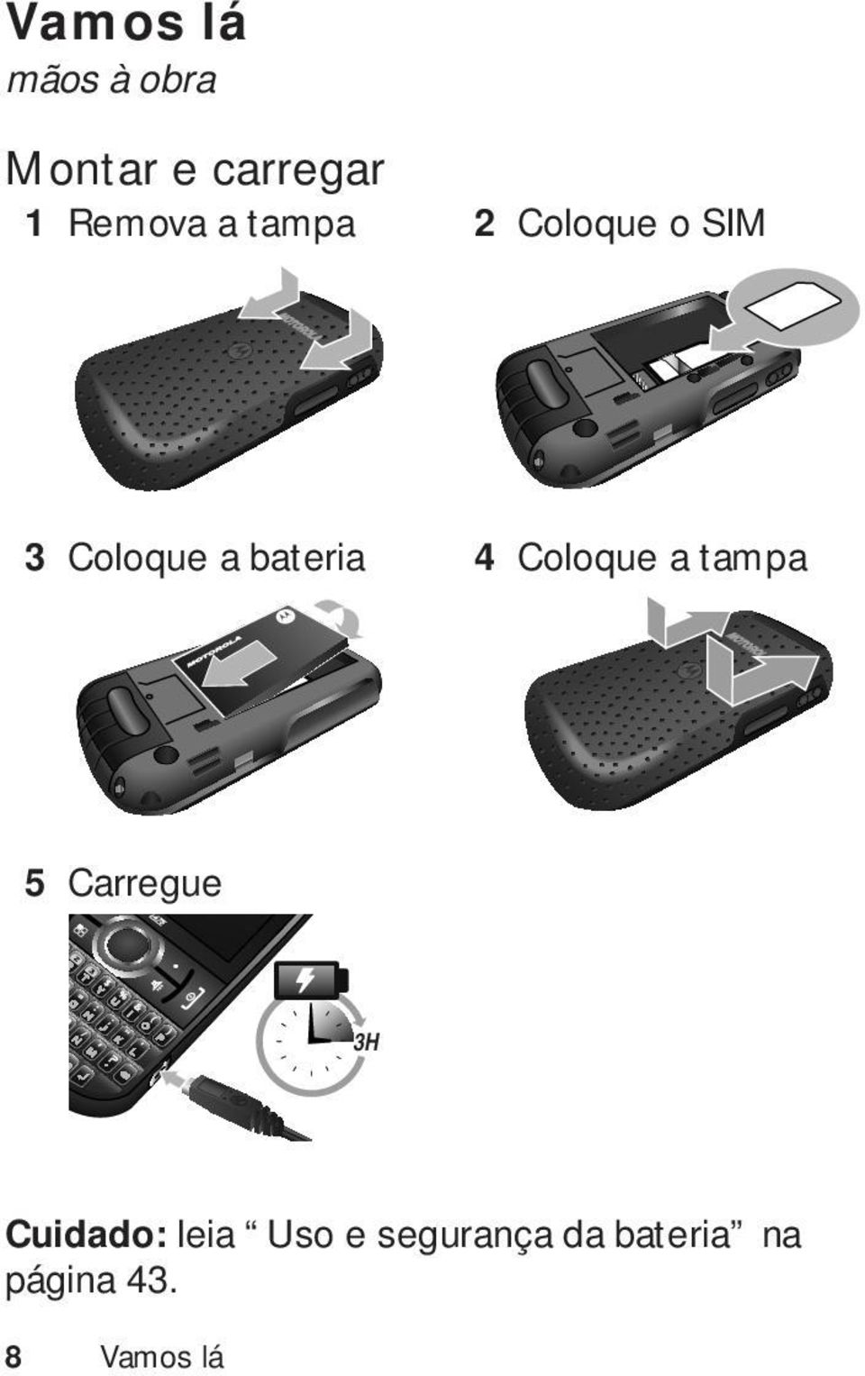 Coloque a tampa 5 Carregue 3H Cuidado: leia Uso