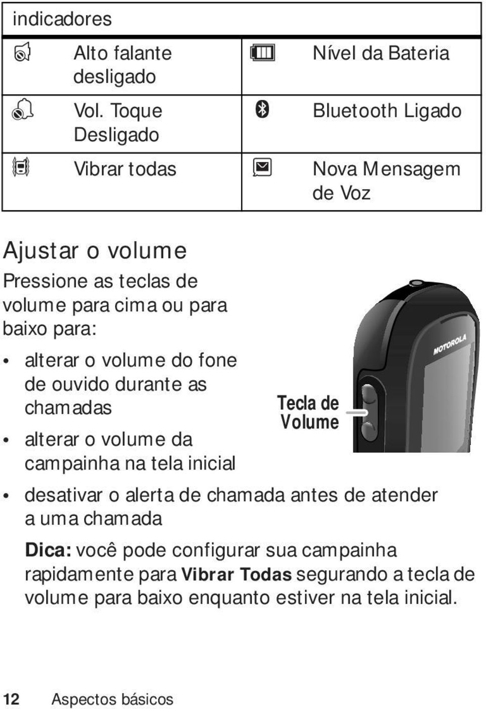 baixo para: alterar o volume do fone de ouvido durante as chamadas alterar o volume da campainha na tela inicial Tecla de Volume desativar