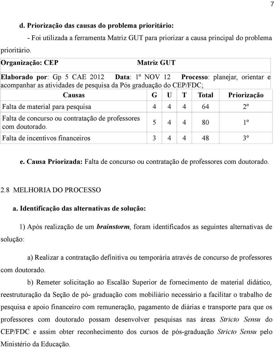 NOV 12 Processo: planejar, orientar e acompanhar as atividades de pesquisa da Pós graduação do CEP/FDC; Causas G U T Total Priorização Falta de material para pesquisa 4 4 4 64 2º Falta de concurso ou