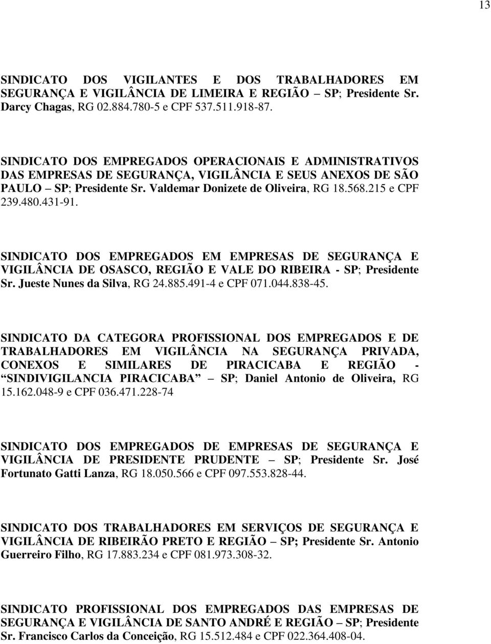 431-91. SINDICATO DOS EMPREGADOS EM EMPRESAS DE SEGURANÇA E VIGILÂNCIA DE OSASCO, REGIÃO E VALE DO RIBEIRA - SP; Presidente Sr. Jueste Nunes da Silva, RG 24.885.491-4 e CPF 071.044.838-45.