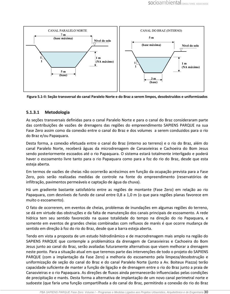 1 Metodologia As seções transversais definidas para o canal Paralelo Norte e para o canal do Braz consideraram parte das contribuições de vazões de drenagens das regiões do empreendimento SAPIENS