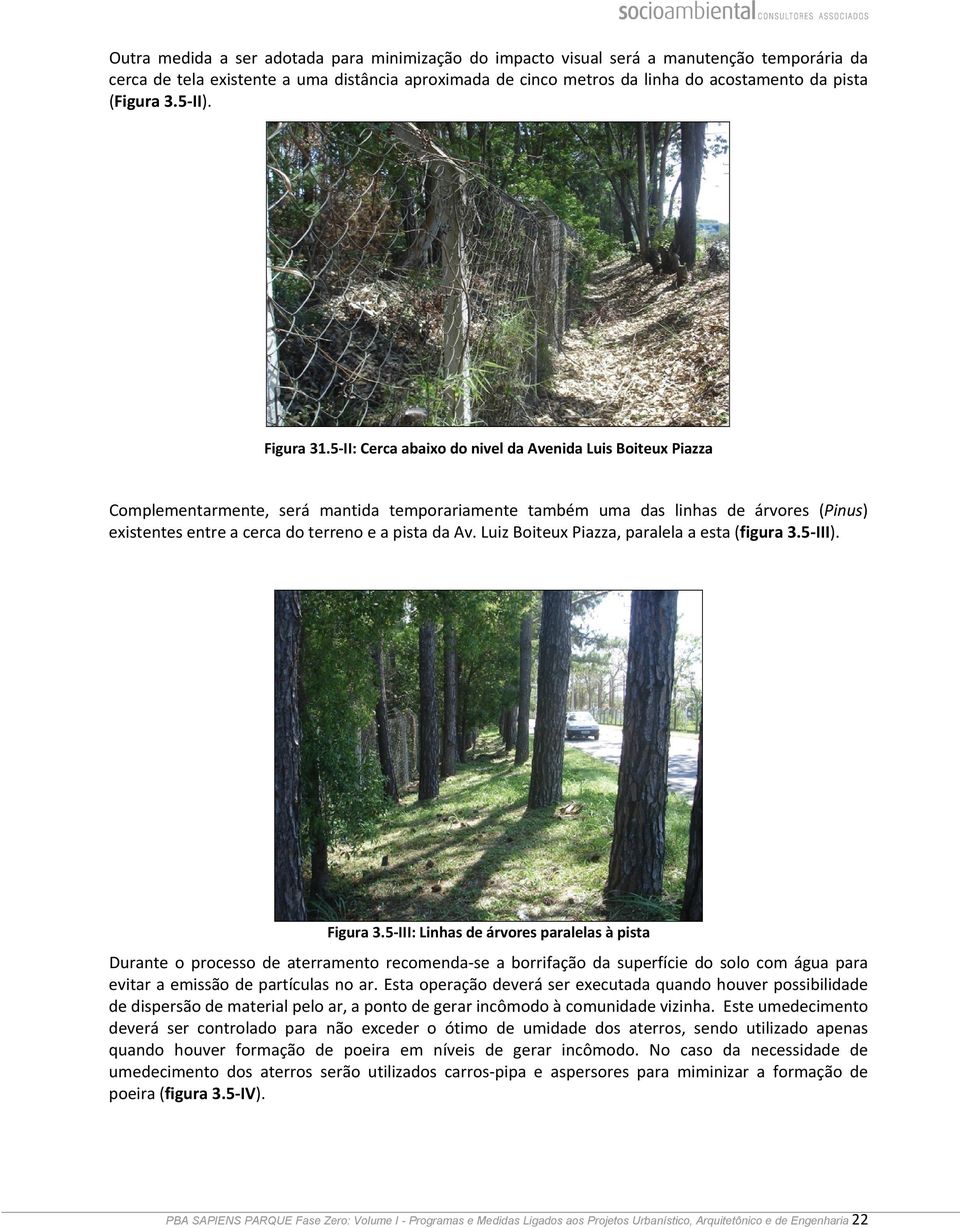 5 II: Cerca abaixo do nivel da Avenida Luis Boiteux Piazza Complementarmente, será mantida temporariamente também uma das linhas de árvores (Pinus) existentes entre a cerca do terreno e a pista da Av.