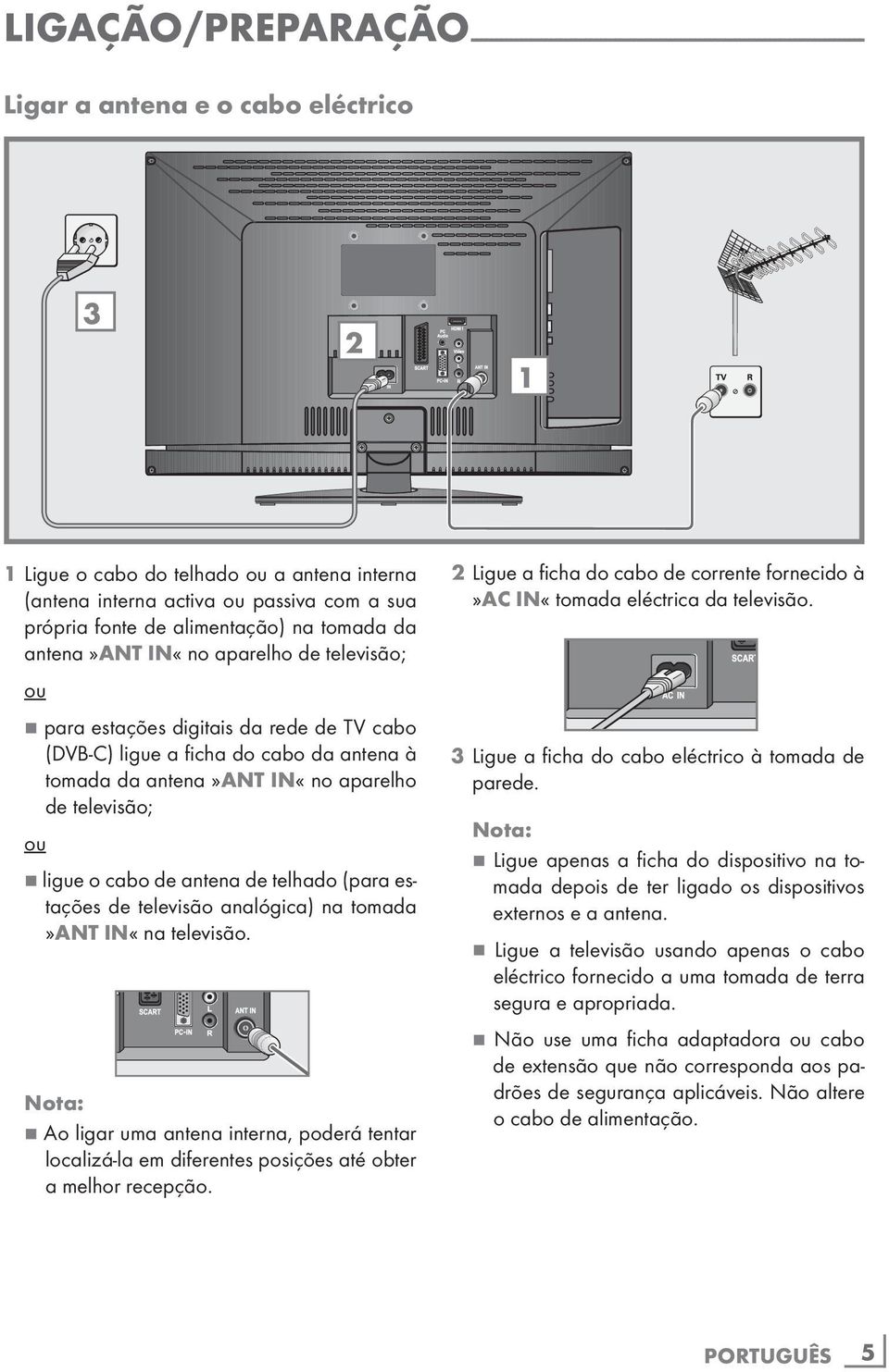 antena à tomada da antena»ant IN«no aparelho de televisão; ou 7 ligue o cabo de antena de telhado (para estações de televisão analógica) na tomada»ant IN«na televisão.