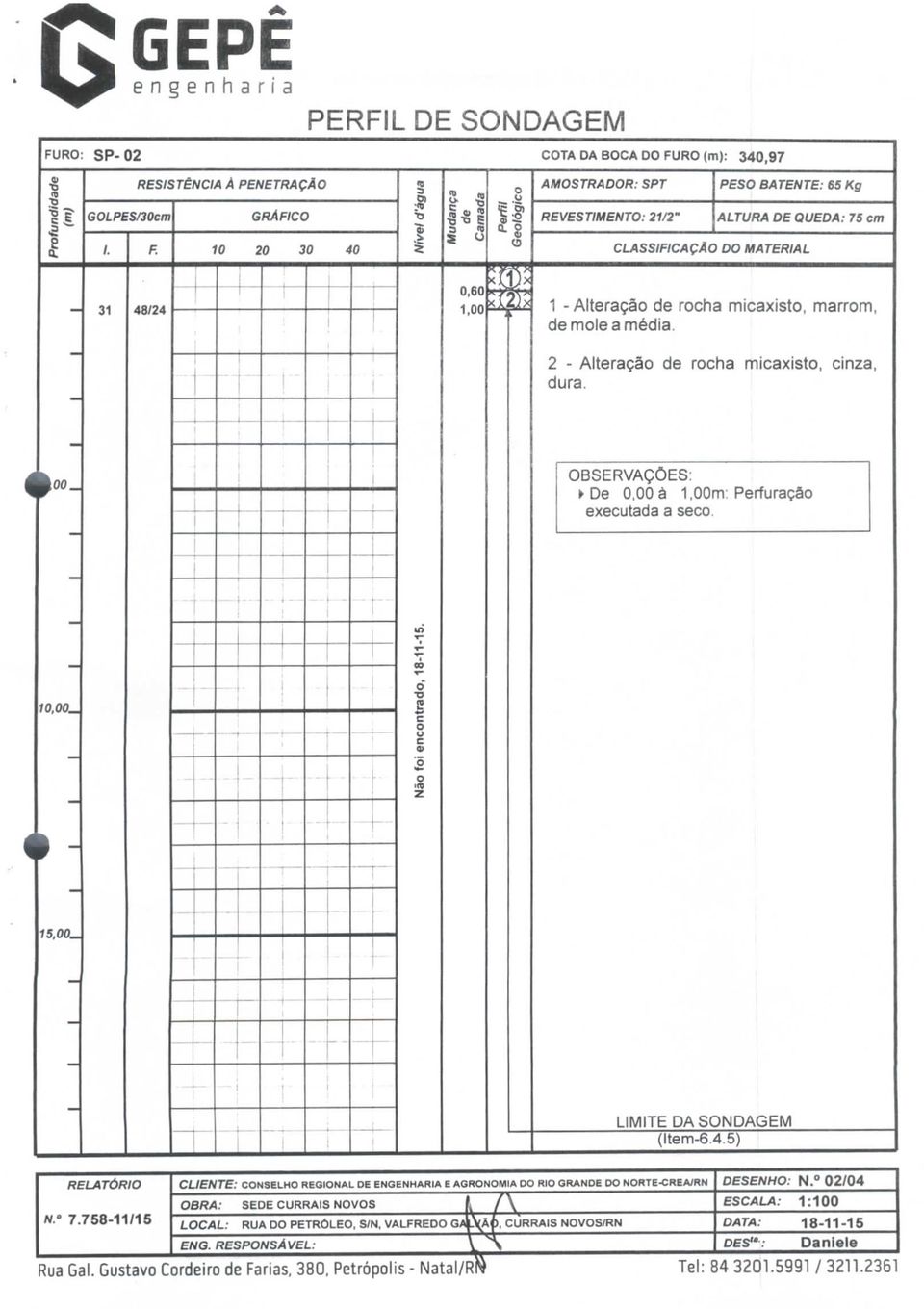 . 2 - Alteração de rocha mcaxsto, cnzé dura., ^H l _ L r L OBSERVAÇÕES: > De 0,00a 1,00m: Perfuração executada a seco.., 10, 00^, - -- ' -,.. Não fo encontrado, 18-11-15. ;.