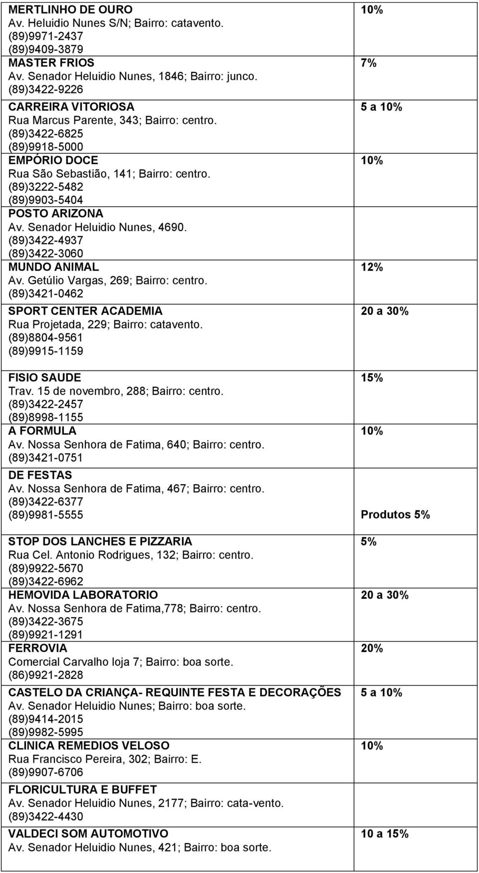 Senador Heluidio Nunes, 4690. (89)3422-4937 (89)3422-3060 MUNDO ANIMAL Av. Getúlio Vargas, 269; Bairro: centro. (89)3421-0462 SPORT CENTER ACADEMIA Rua Projetada, 229; Bairro: catavento.