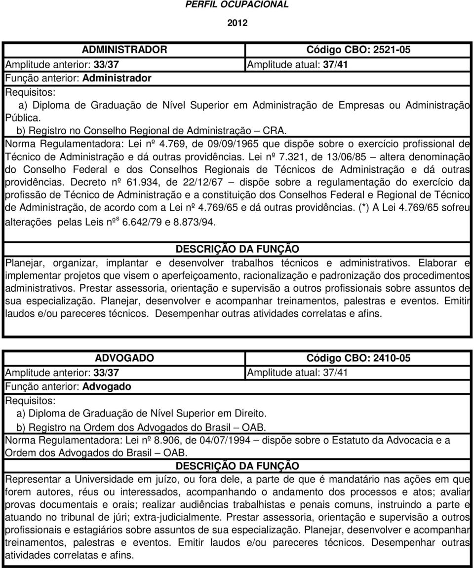 769, de 09/09/1965 que dispõe sobre o exercício profissional de Técnico de Administração e dá outras providências. Lei nº 7.