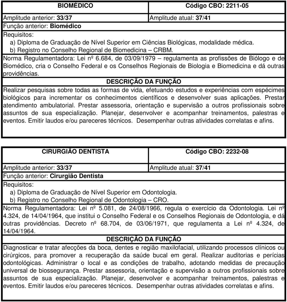 684, de 03/09/1979 regulamenta as profissões de Biólogo e de Biomédico, cria o Conselho Federal e os Conselhos Regionais de Biologia e Biomedicina e dá outras providências.