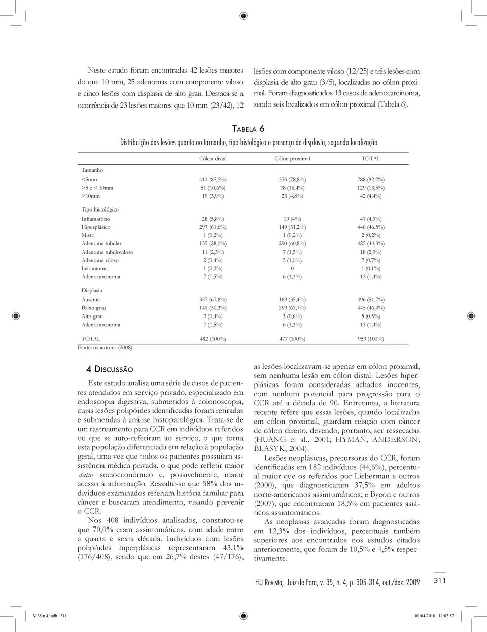 Foram diagnosticados 13 casos de adenocarcinoma, sendo seis localizados em cólon proximal (Tabela 6).