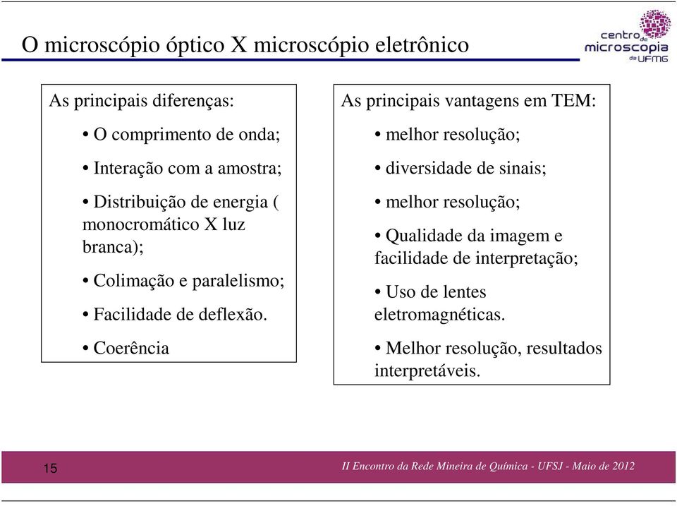 Coerência As principais vantagens em TEM: melhor resolução; diversidade de sinais; melhor resolução; Qualidade da