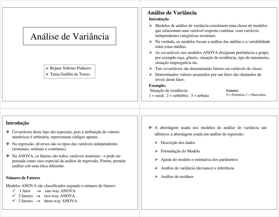 As covaráves nos modelos ANOVA desgnam pertnênca a grupo, por exemplo raça, gênero, stuação de resdênca, tpo de tratamento, stuação empregatíca etc.