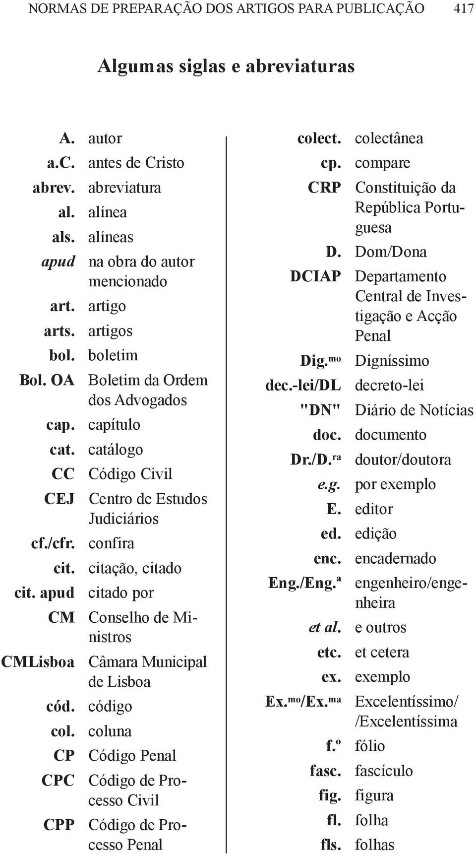 apud citado por CM Conselho de Ministros CMLisboa Câmara Municipal de Lisboa cód. código col. coluna CP Código Penal CPC Código de Processo Civil CPP Código de Processo Penal colect. colectânea cp.