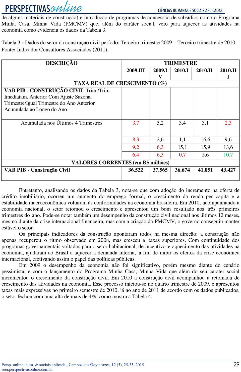 DESCRIÇÃO TRIMESTRE 29.III 29.I V TAXA REAL DE CRESCIMENTO (%) VAB PIB - CONSTRUÇÃO CIVIL Trim./Trim. Imediatam.