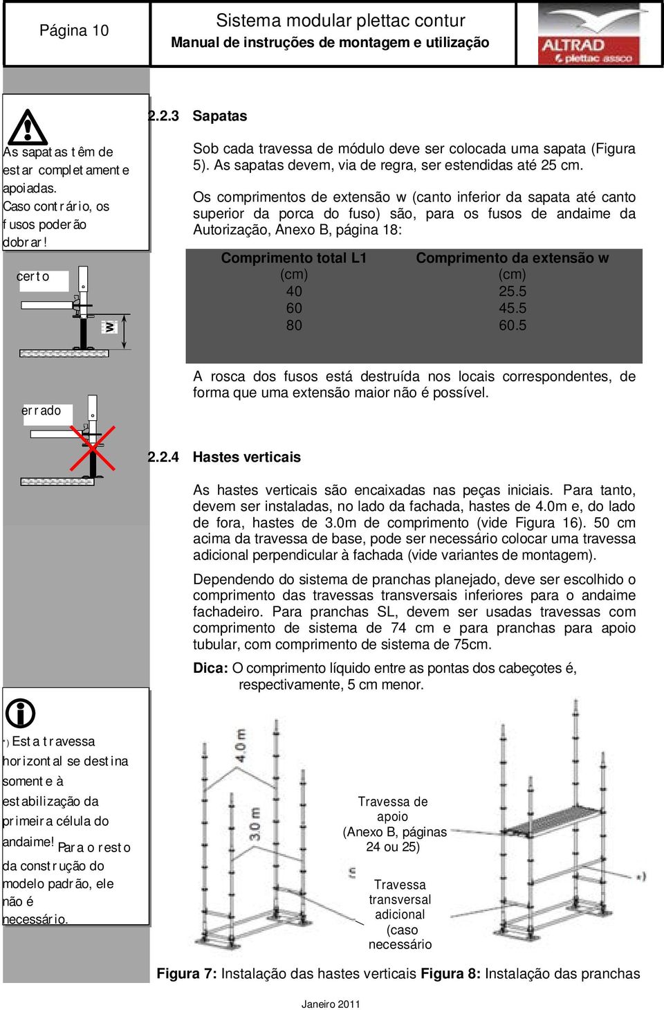 Os comprimentos de extensão w (canto inferior da sapata até canto superior da porca do fuso) são, para os fusos de andaime da Autorização, Anexo B, página 18: Comprimento total L1 (cm) Comprimento da