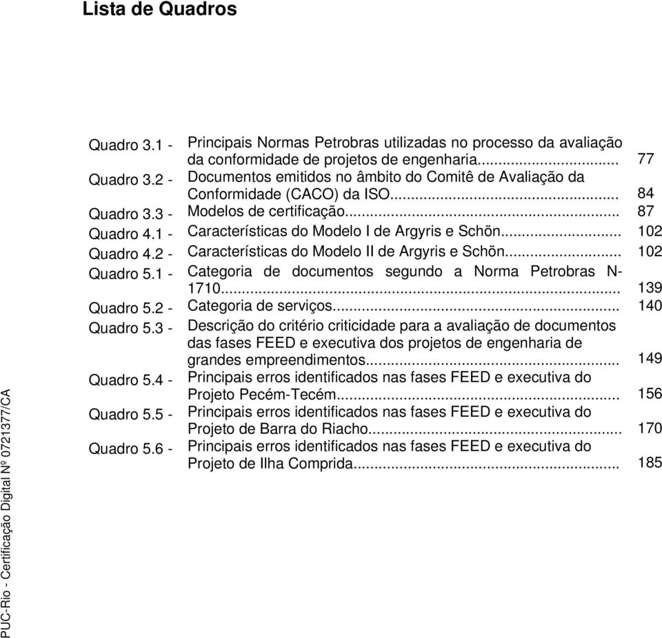 .. 102 Quadro 4.2 - Características do Modelo II de Argyris e Schön... 102 Quadro 5.1 - Categoria de documentos segundo a Norma Petrobras N- 1710... 139 Quadro 5.2 - Categoria de serviços.