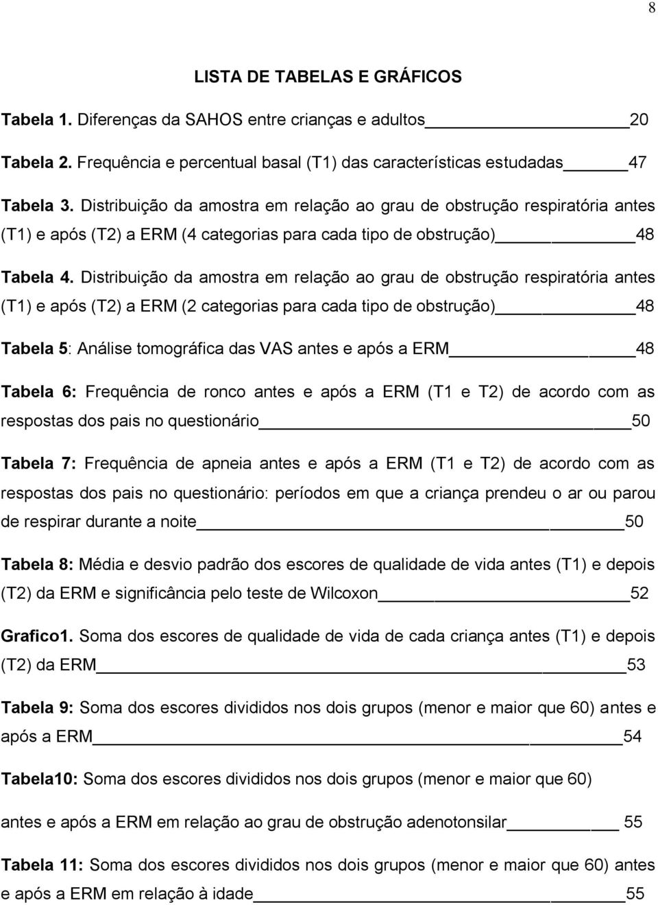 Distribuição da amostra em relação ao grau de obstrução respiratória antes (T1) e após (T2) a ERM (2 categorias para cada tipo de obstrução) 48 Tabela 5: Análise tomográfica das VAS antes e após a