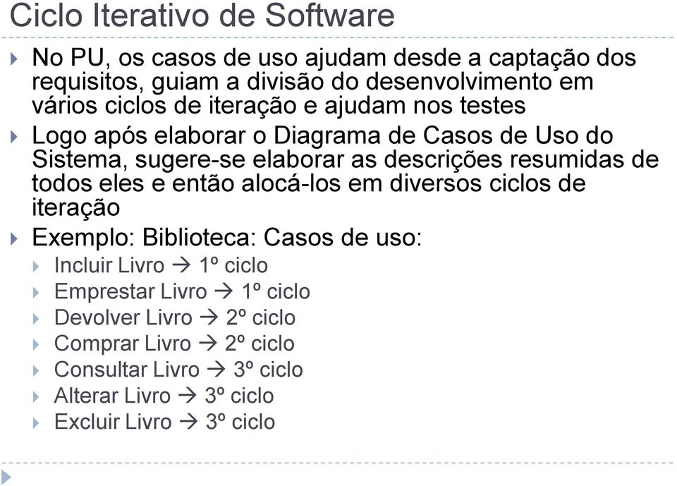 descrições resumidas de todos eles e então alocá-los em diversos ciclos de iteração Exemplo: Biblioteca: Casos de uso: Incluir Livro