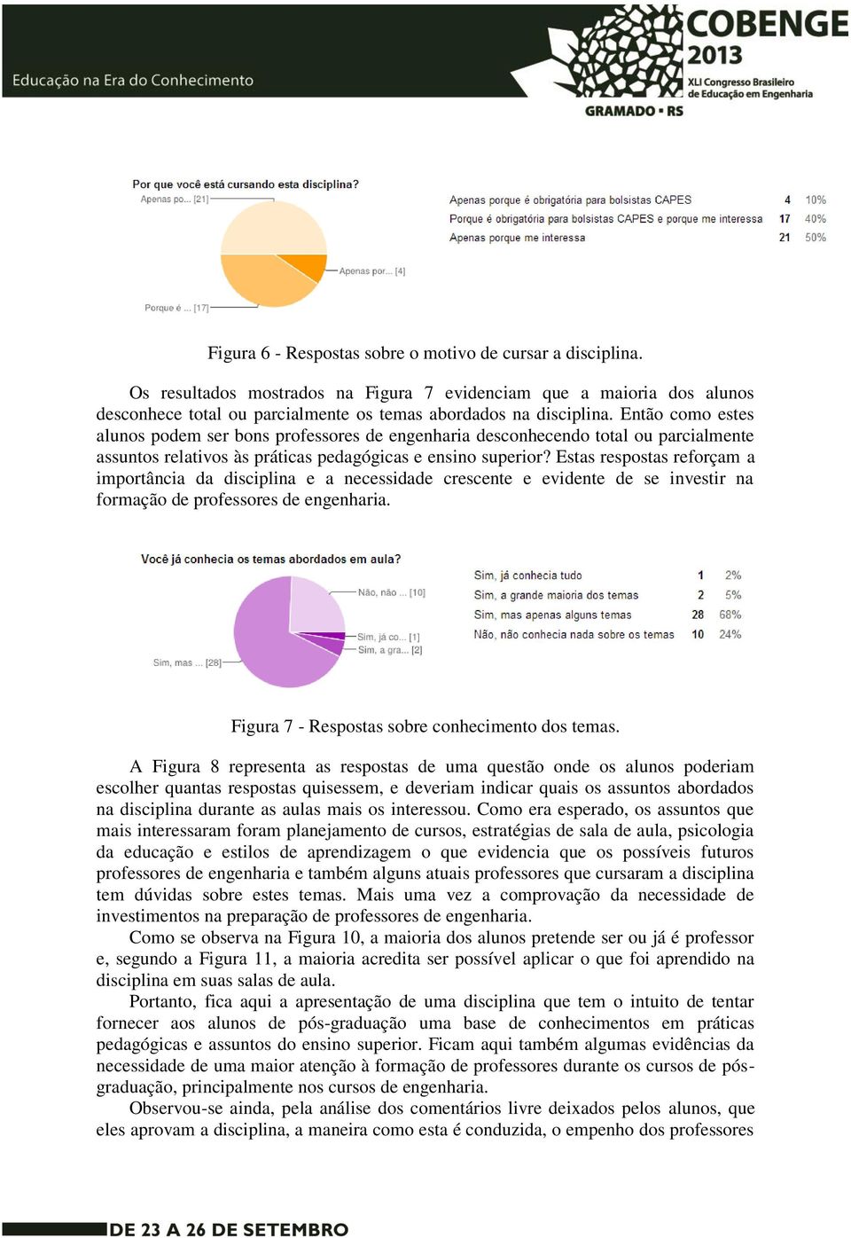 Estas respostas reforçam a importância da disciplina e a necessidade crescente e evidente de se investir na formação de professores de engenharia. Figura 7 - Respostas sobre conhecimento dos temas.