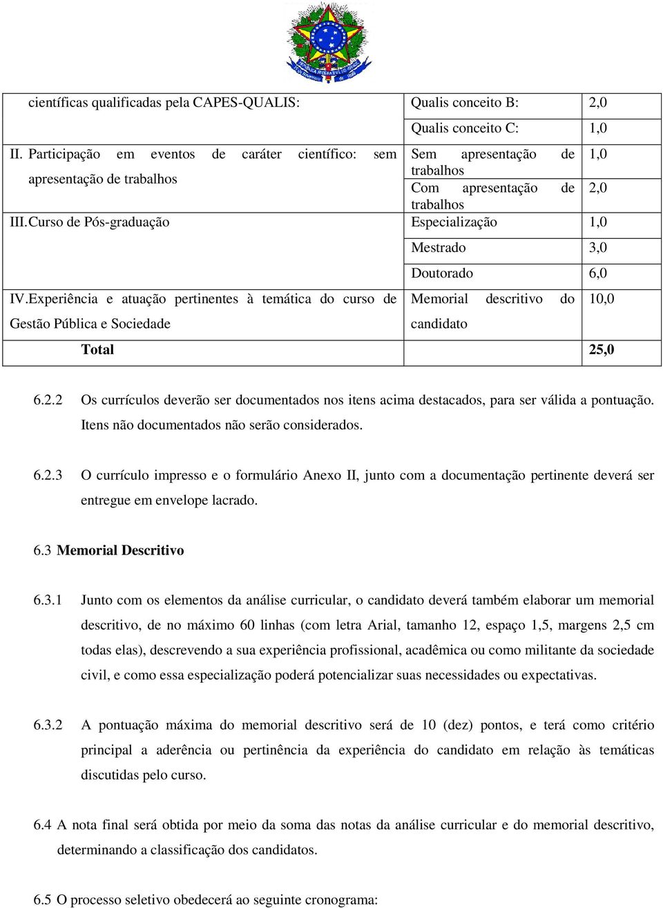 Curso de Pós-graduação Especialização 1,0 Mestrado 3,0 Doutorado 6,0 IV.