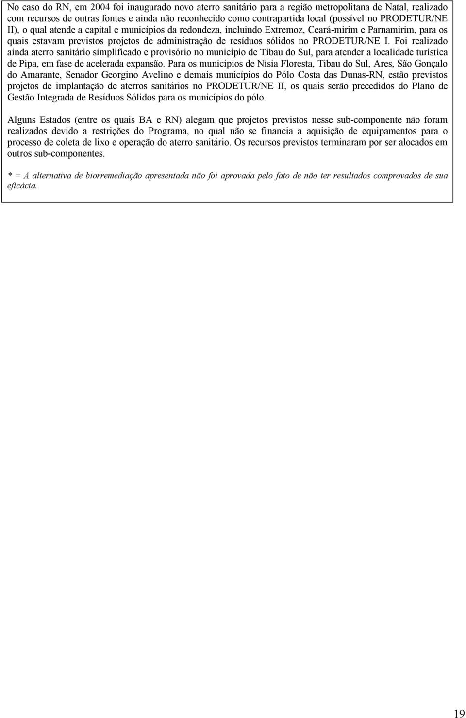 PRODETUR/NE I. Foi realizado ainda aterro sanitário simplificado e provisório no município de Tibau do Sul, para atender a localidade turística de Pipa, em fase de acelerada expansão.