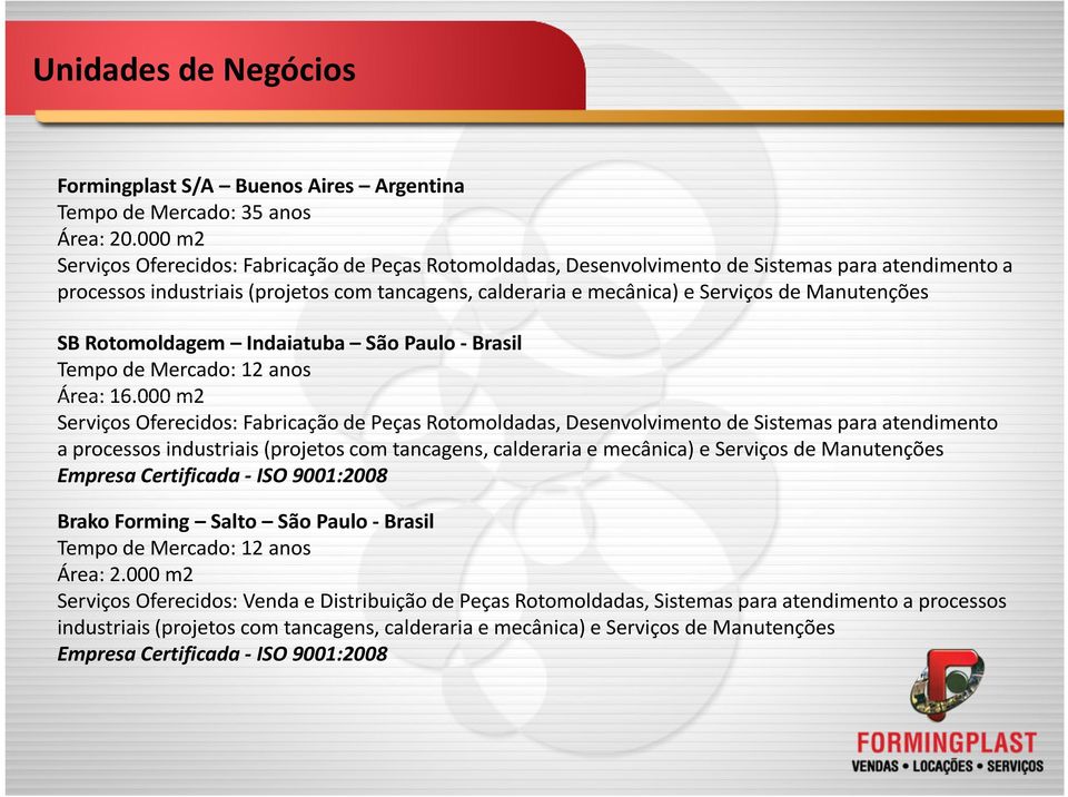 Manutenções SB Rotomoldagem Indaiatuba São Paulo - Brasil Tempo de Mercado: 12 anos Área: 16.