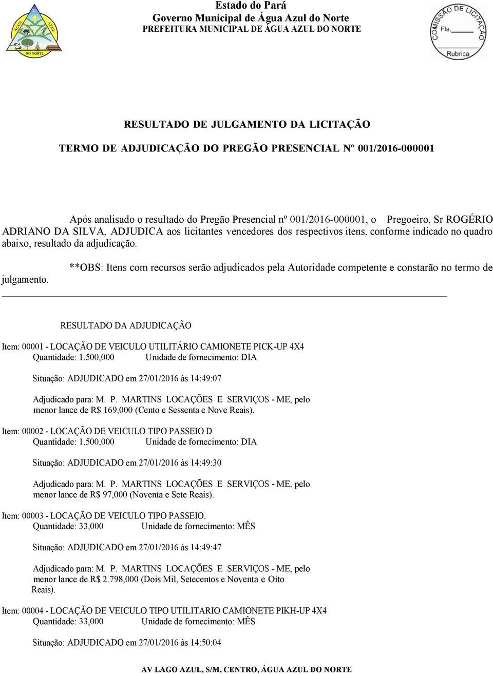 **OBS: Itens com recursos serão adjudicados pela Autoridade competente e constarão no termo de julgamento.