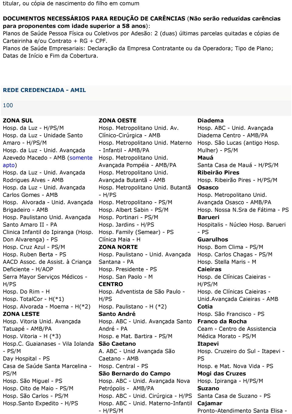 Planos de Saúde Empresariais: Declaração da Empresa Contratante ou da Operadora; Tipo de Plano; Datas de Início e Fim da Cobertura. REDE CREDENCIADA - AMIL 100 Hosp. da Luz - Hosp.