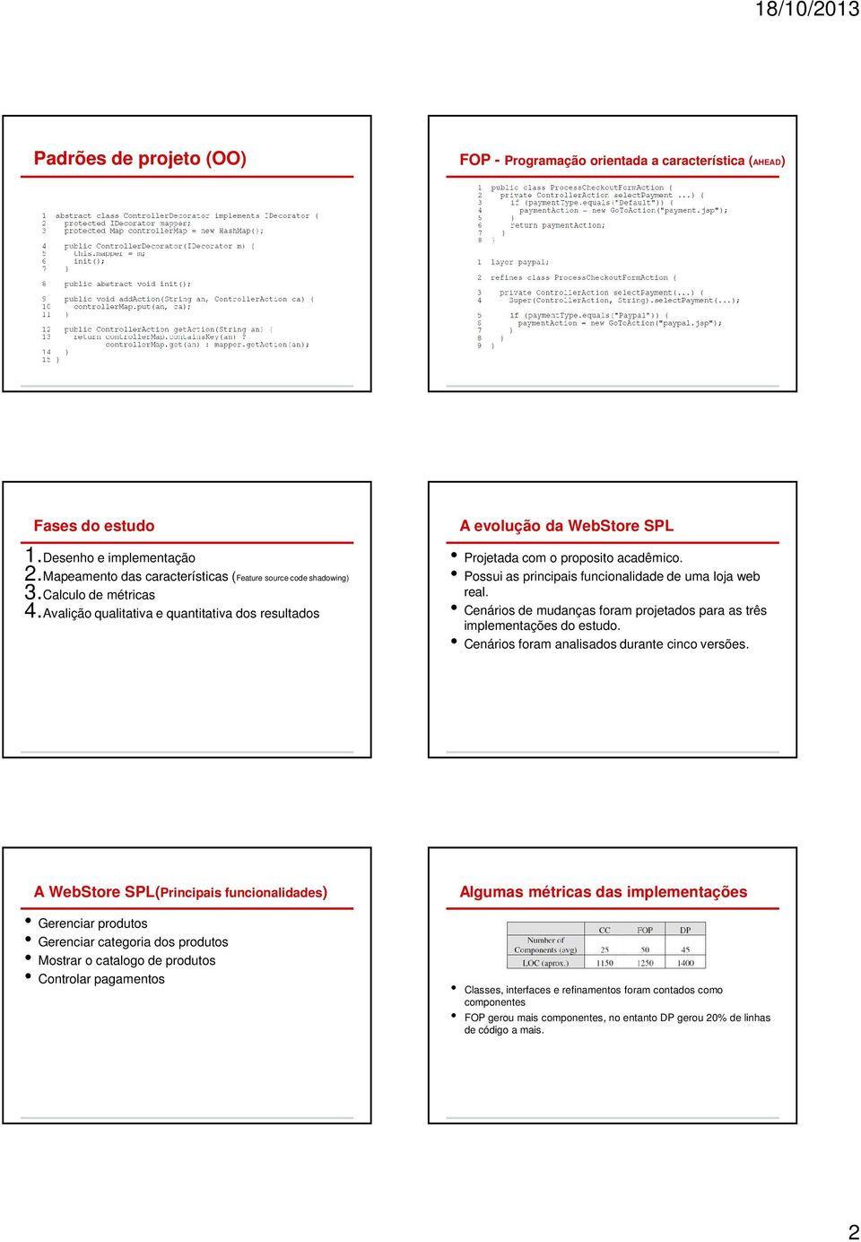 Cenários de mudanças foram projetados para as três implementações do estudo. Cenários foram analisados durante cinco versões.