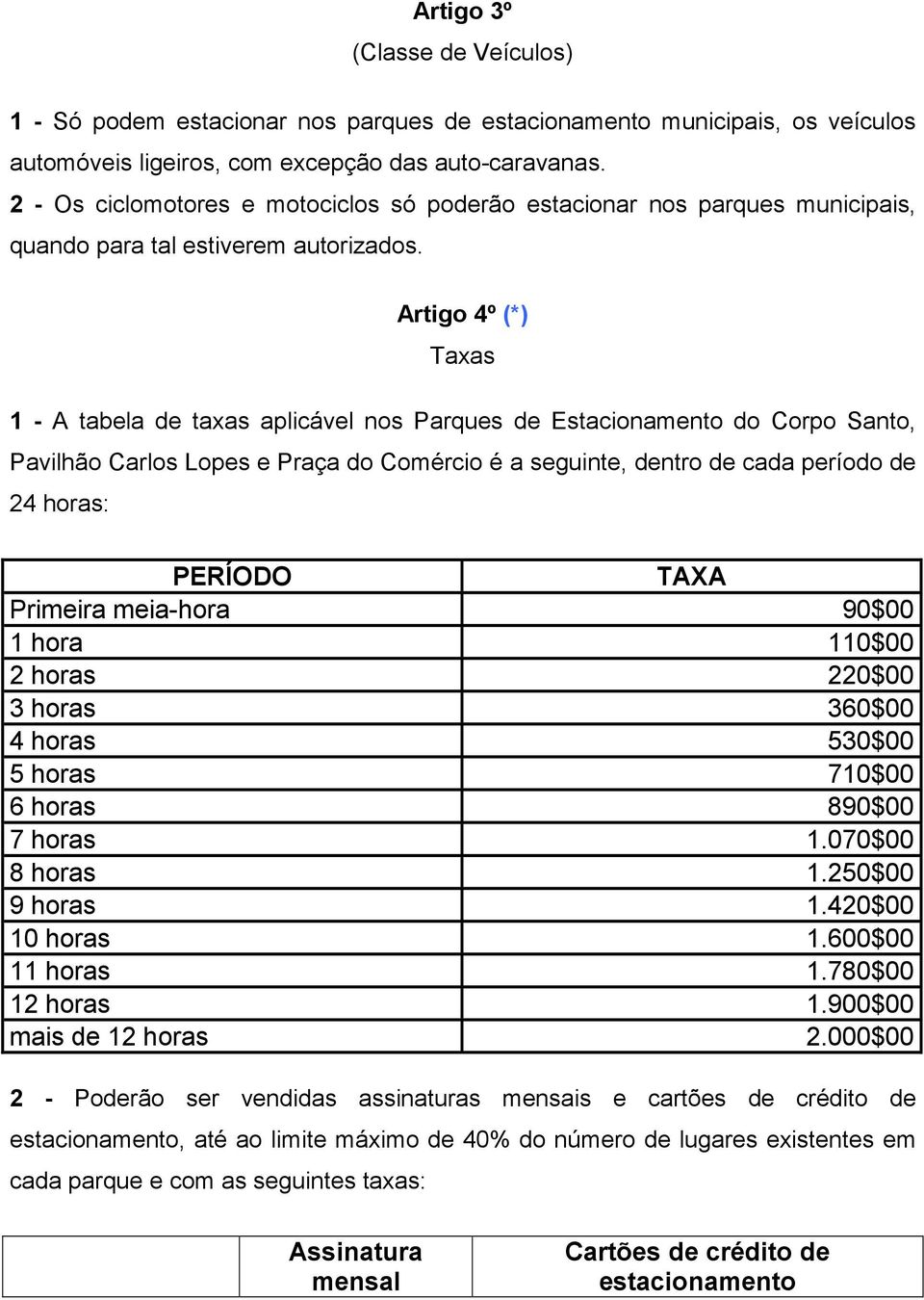 Artigo 4º (*) Taxas 1 - A tabela de taxas aplicável nos Parques de Estacionamento do Corpo Santo, Pavilhão Carlos Lopes e Praça do Comércio é a seguinte, dentro de cada período de 24 horas: PERÍODO