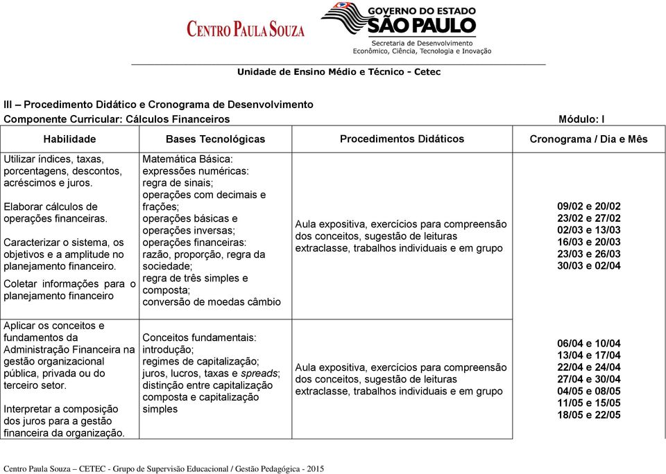 Coletar informações para o planejamento financeiro Matemática Básica: expressões numéricas: regra de sinais; operações com decimais e frações; operações básicas e operações inversas; operações