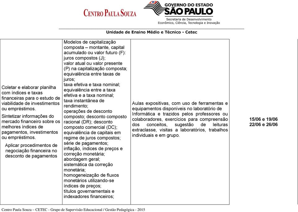 Aplicar procedimentos de negociação financeira no desconto de pagamentos Modelos de capitalização composta montante, capital acumulado ou valor futuro (F): juros compostos (J); valor atual ou valor