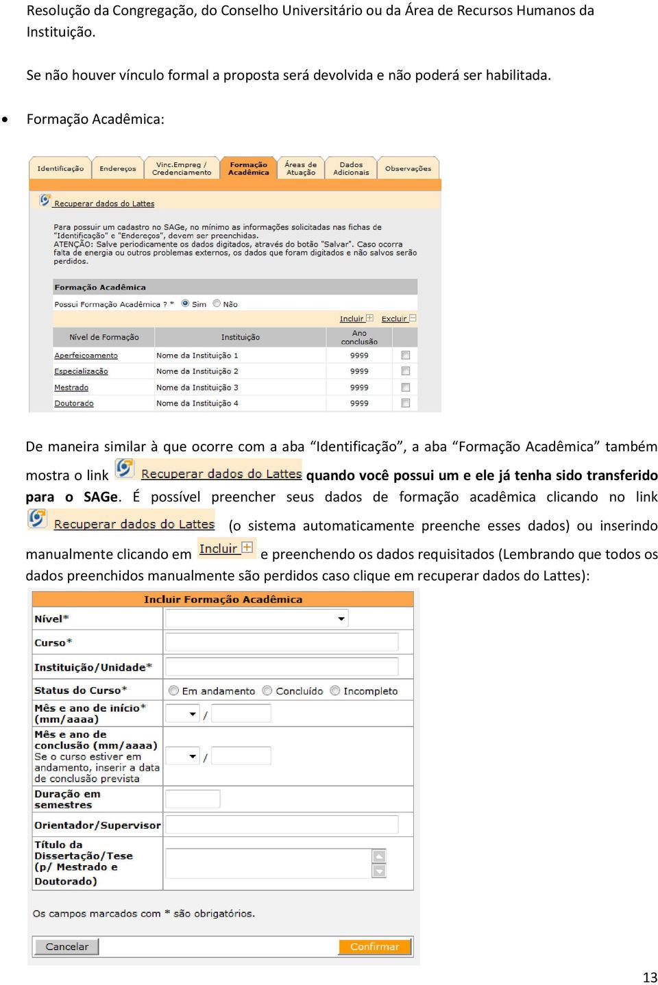 Formação Acadêmica: De maneira similar à que ocorre com a aba Identificação, a aba Formação Acadêmica também mostra o link quando você possui um e ele já tenha sido