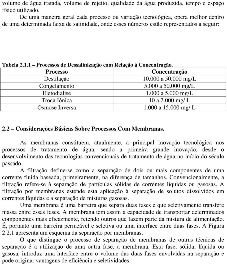 1 Processos de Dessalinização com Relação à Concentração. Processo Concentração Destilação 10.000 a 50.000 mg/l Congelamento 5.000 a 50.000 mg/l Eletodialise 1.000 a 5.000 mg/l Troca Iônica 10 a 2.