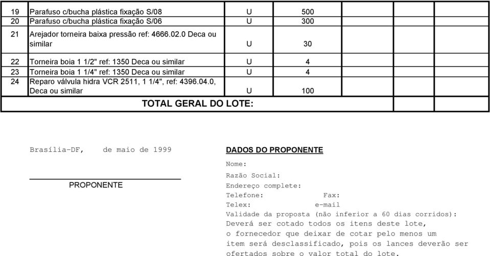 0, Deca ou similar U 100 TOTAL GERAL DO LOTE: Brasília-DF, de maio de 1999 DADOS DO PROPONENTE PROPONENTE Nome: Razão Social: Endereço complete: Telefone: Fax: Telex: e-mail Validade da